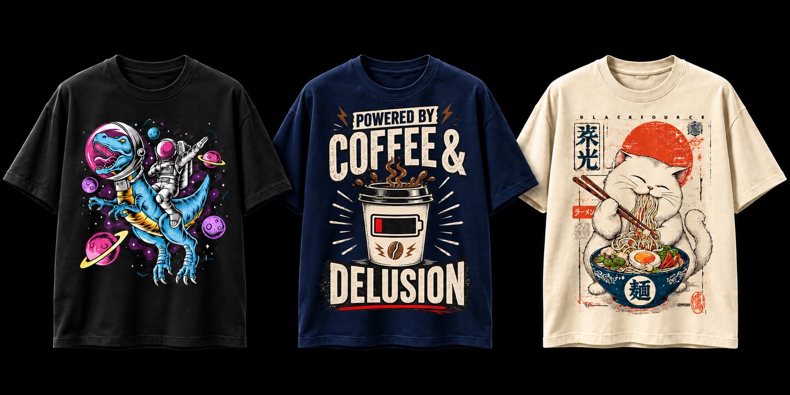 Three AI-designed oversized tees — space dinosaur, Powered by Coffee & Delusion, and ramen cat